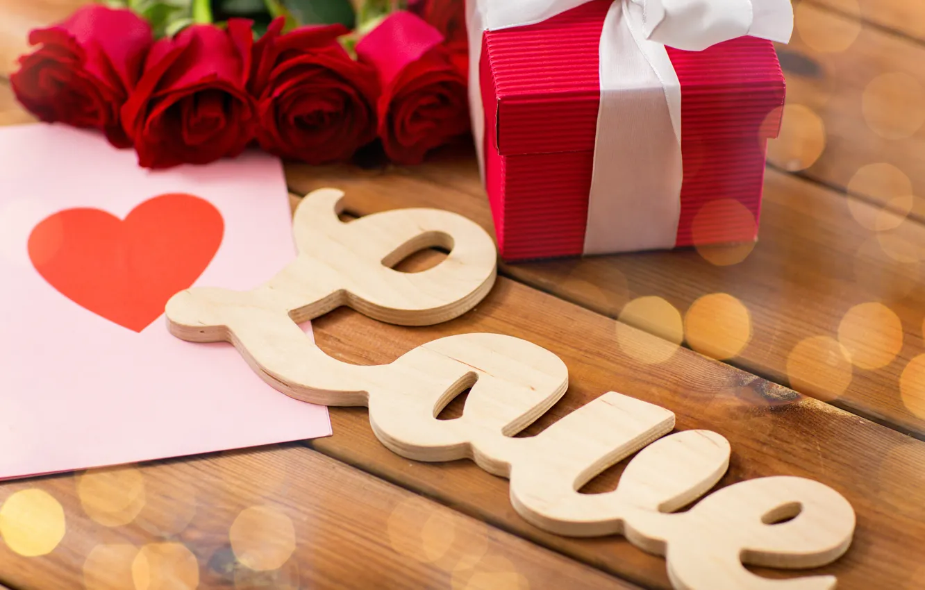 Фото обои любовь, буквы, подарок, сердце, розы, бутоны, День Святого Валентина