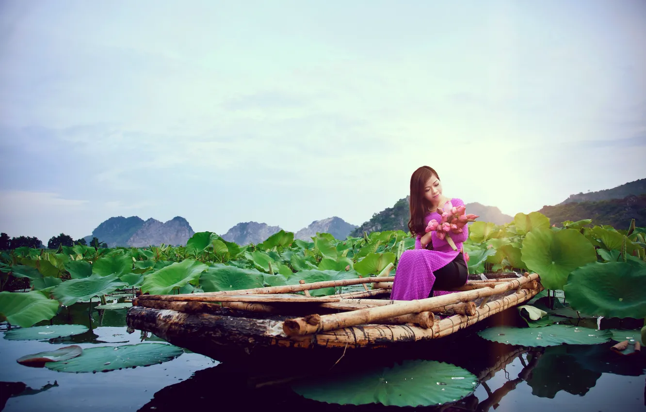 Фото обои лето, девушка, озеро, лодка, азиатка