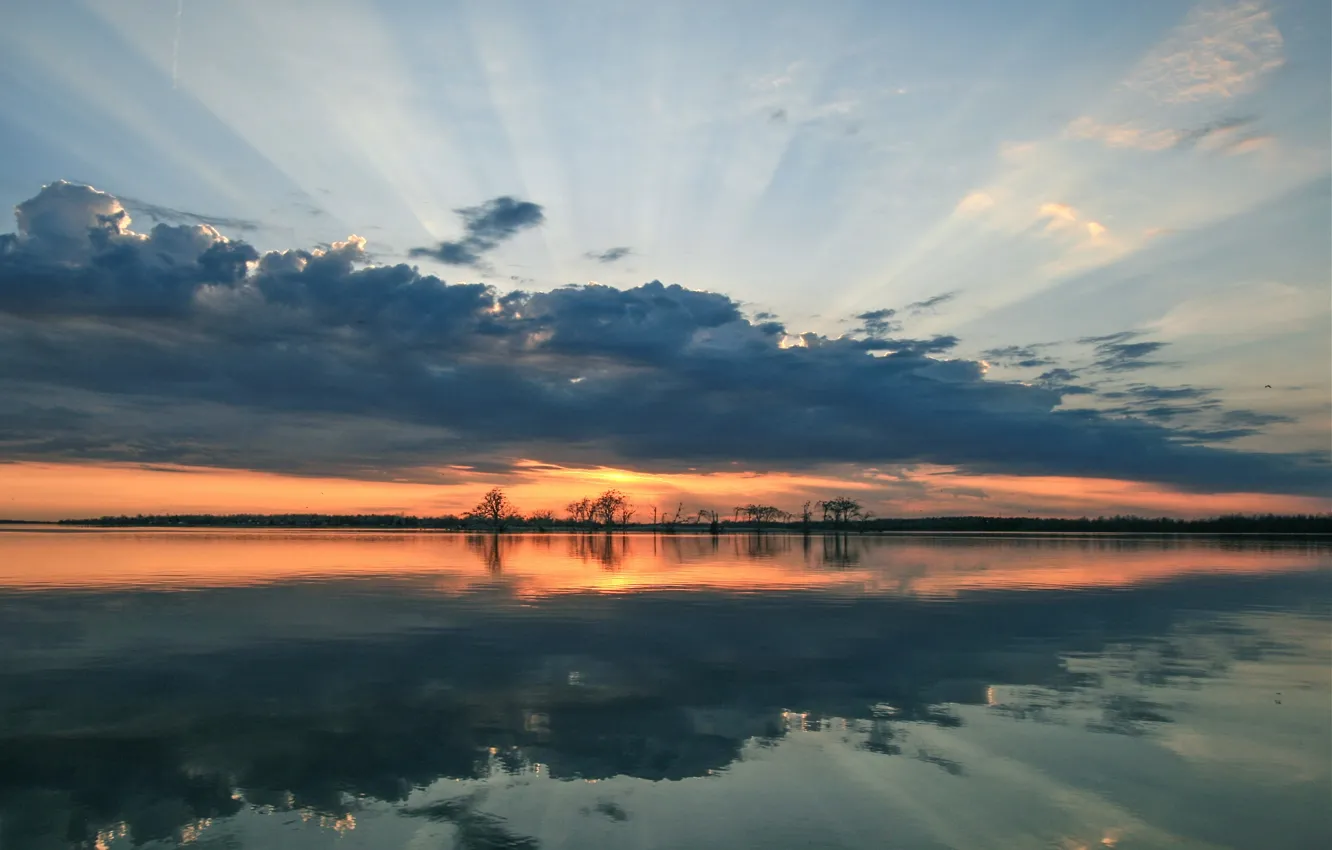 Фото обои Clouds, Sunset, Lake, Trees