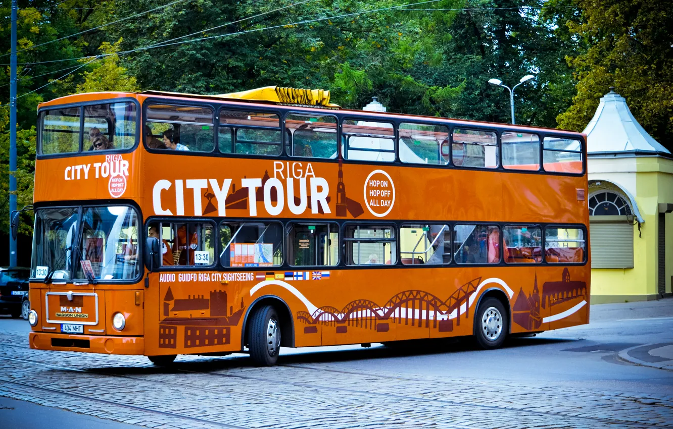 Фото обои оранжевый, автобус, MAN, двухэтажный, Riga city tour, Double Decker