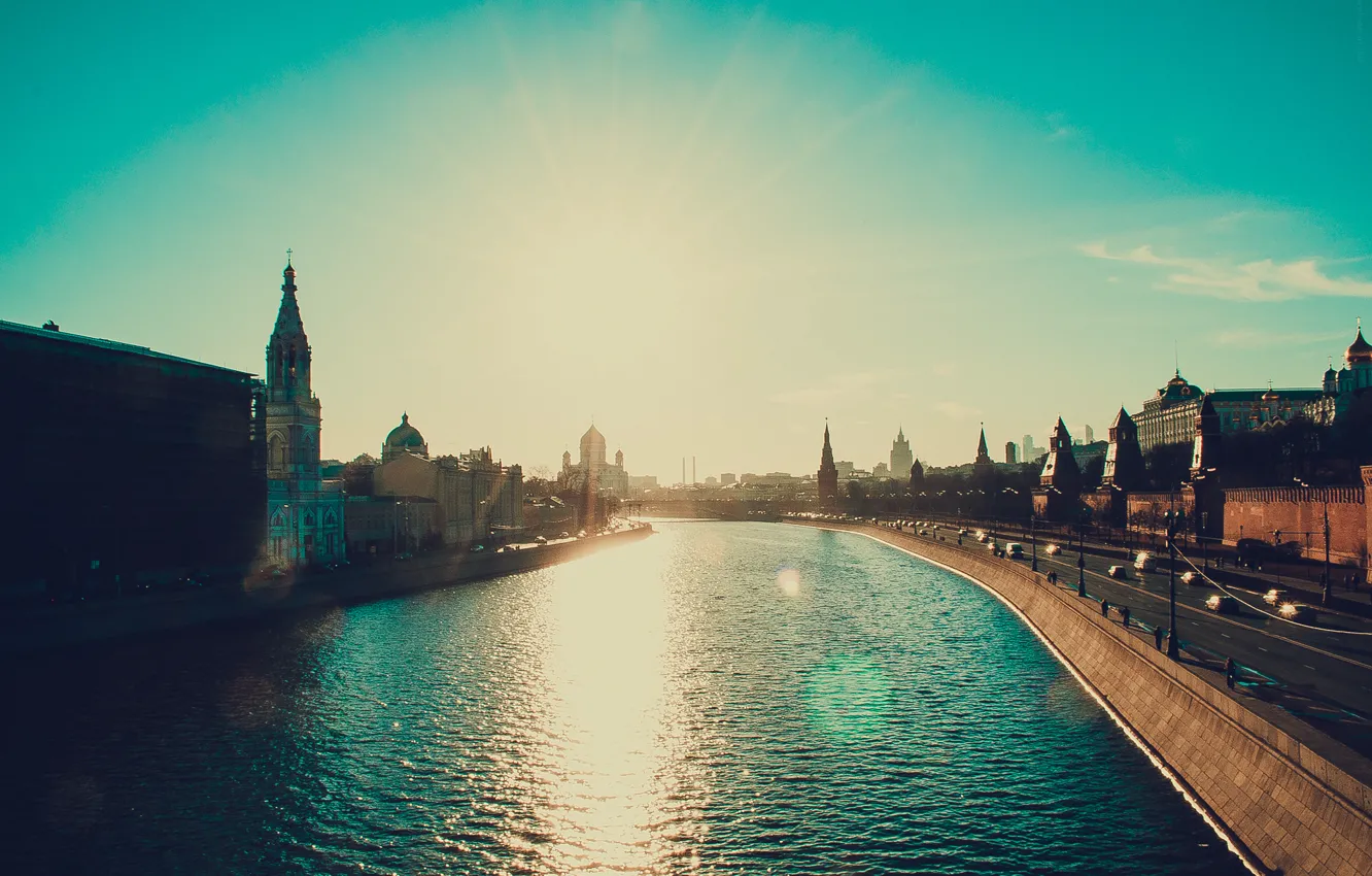Фото обои вода, солнце, пейзаж, мост, город, москва, весна