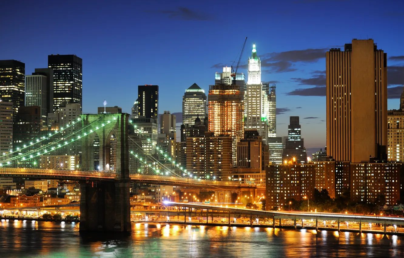 Фото обои ночь, огни, Нью-Йорк, небоскребы, USA, Бруклинский мост, NYC, New York City