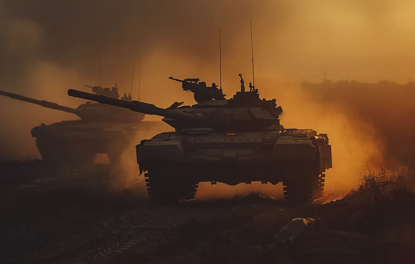 Фото обои пыль, танк, двое, цифровое искусство, ИИ-арт, Искусство искусственного интеллекта, НЕЙРОСЕТЬ