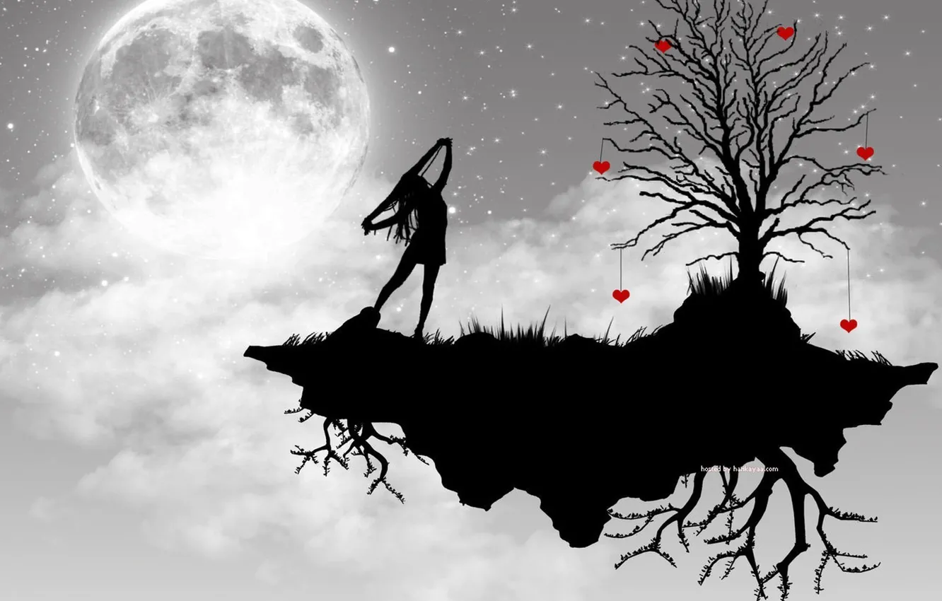 Фото обои девушка, дерево, луна, вектор