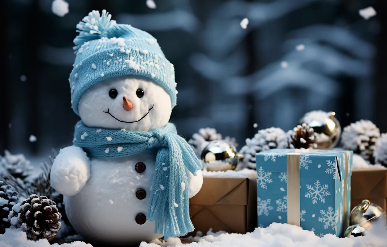 Фото обои зима, снег, Новый Год, Рождество, снеговик, happy, Christmas, night