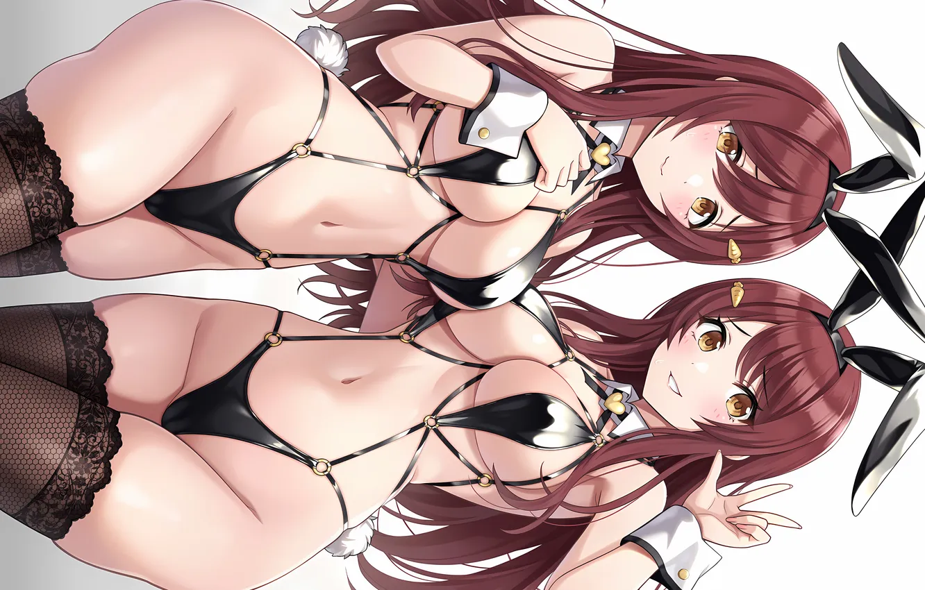 Фото обои sexy, cleavage, thighhighs, long hair, girls, brown hair, boobs, anime