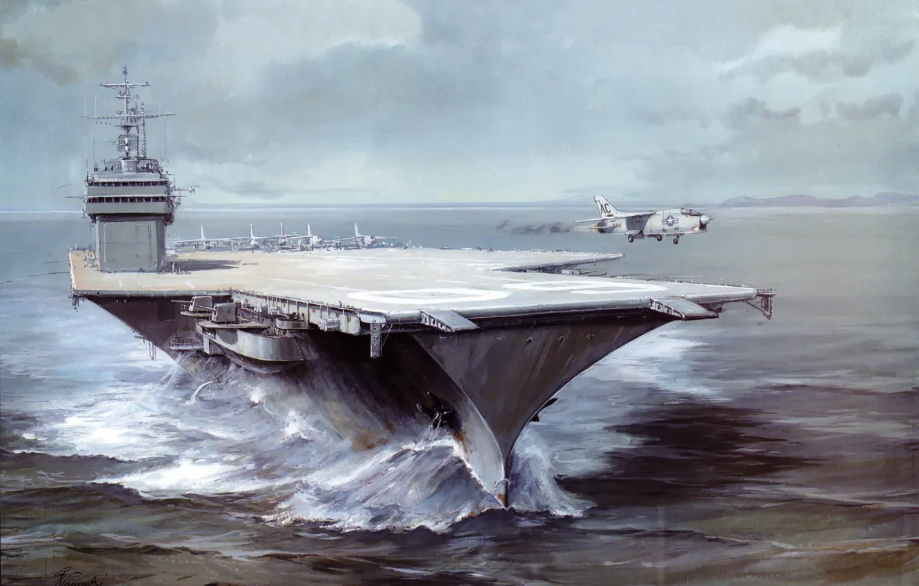 Фото обои море, волны, вода, рисунок, арт, взлёт, самолёта, USS