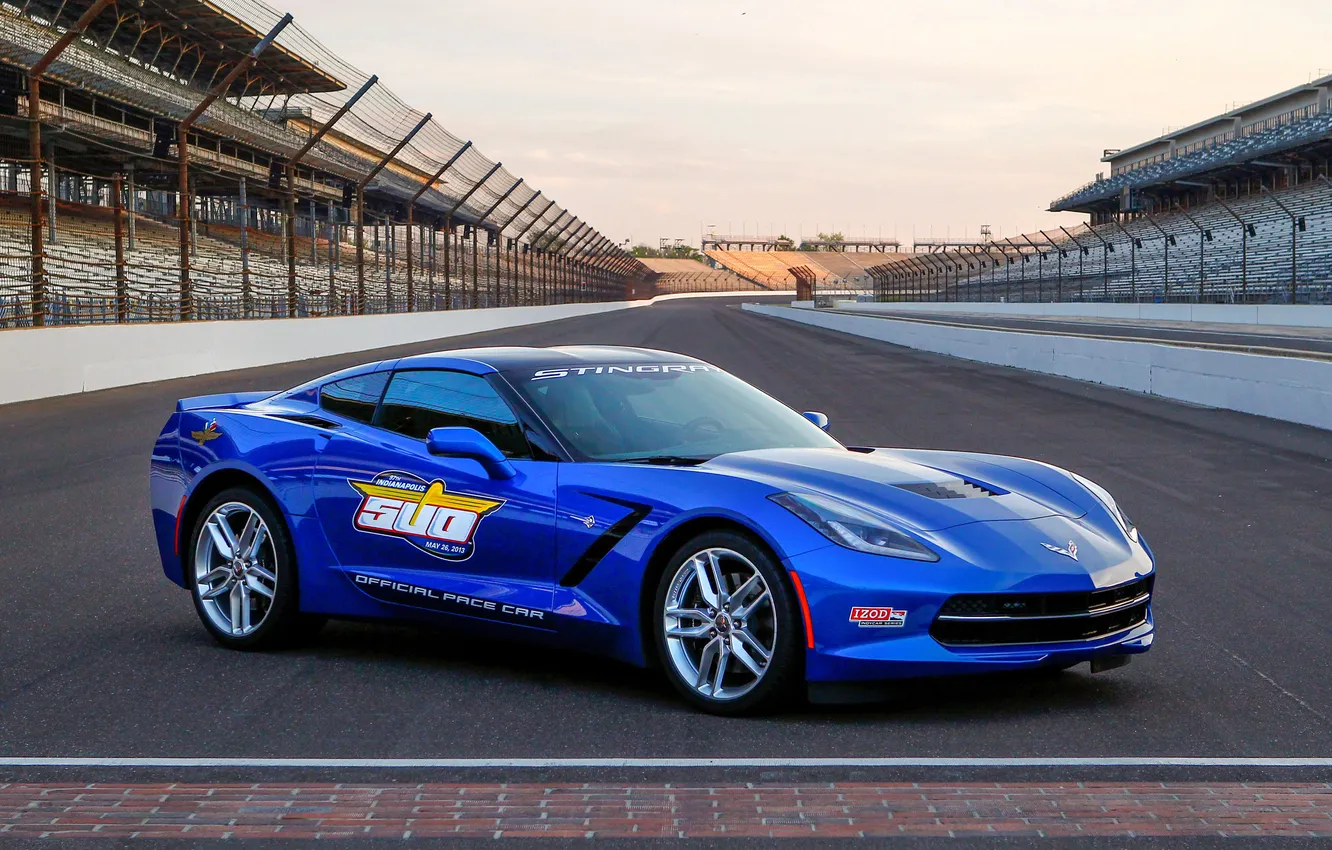 Фото обои синий, трасса, ограда, Corvette, Chevrolet, автомобиль, Stingray, Pace Car