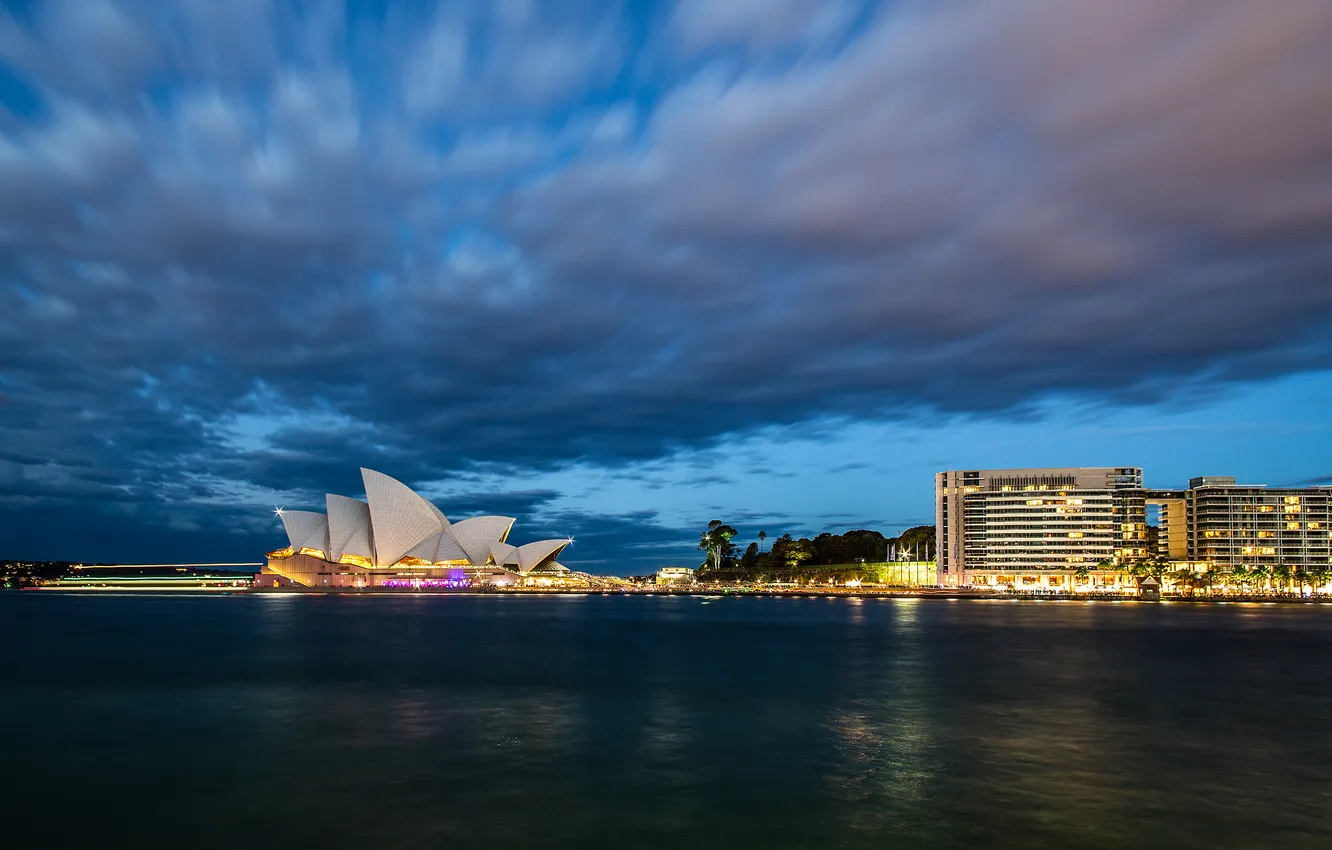 Фото обои небо, облака, огни, вечер, Австралия, театр, Сидней, опера