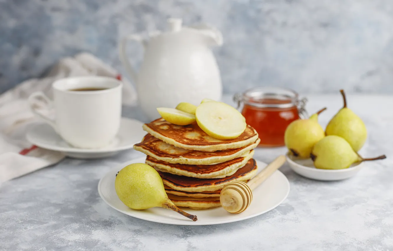 Фото обои завтрак, чайник, чашка, груша, мёд, груши, оладьи