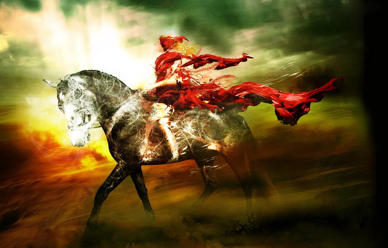 Фото обои небо, свет, тучи, конь, ветер, обои, лошадь, всадник