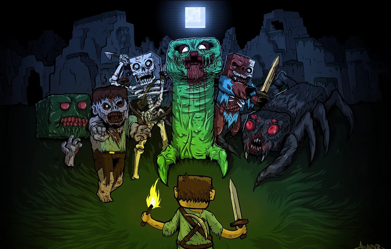 Фото обои зомби, zombie, creeper, Minecraft, майнкрафт, крипер