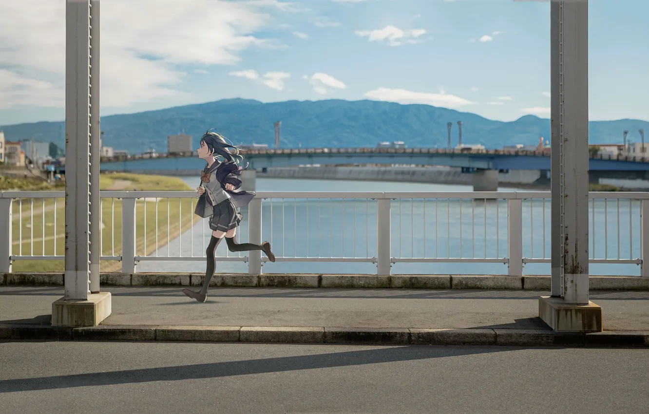 Фото обои девушка, мост, школьница, бежит, школьная форма