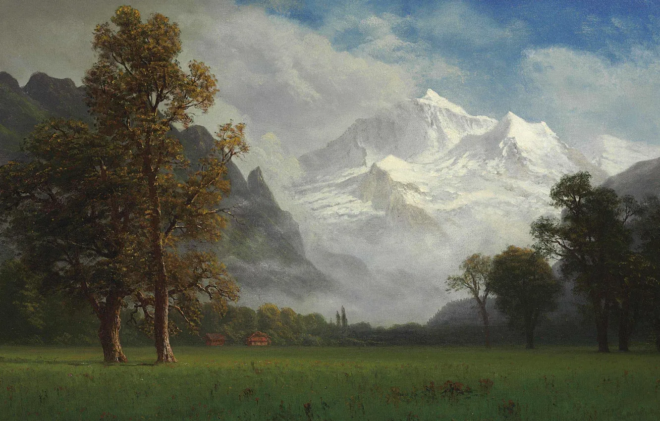 Фото обои деревья, пейзаж, горы, природа, картина, Альберт Бирштадт, Jungfrau