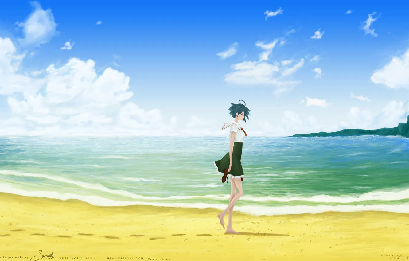 Фото обои море, небо, девушка, настроение, аниме