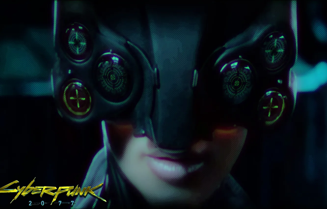 Фото обои девушка, лицо, надпись, игра, губы, шлем, Cyberpunk 2077