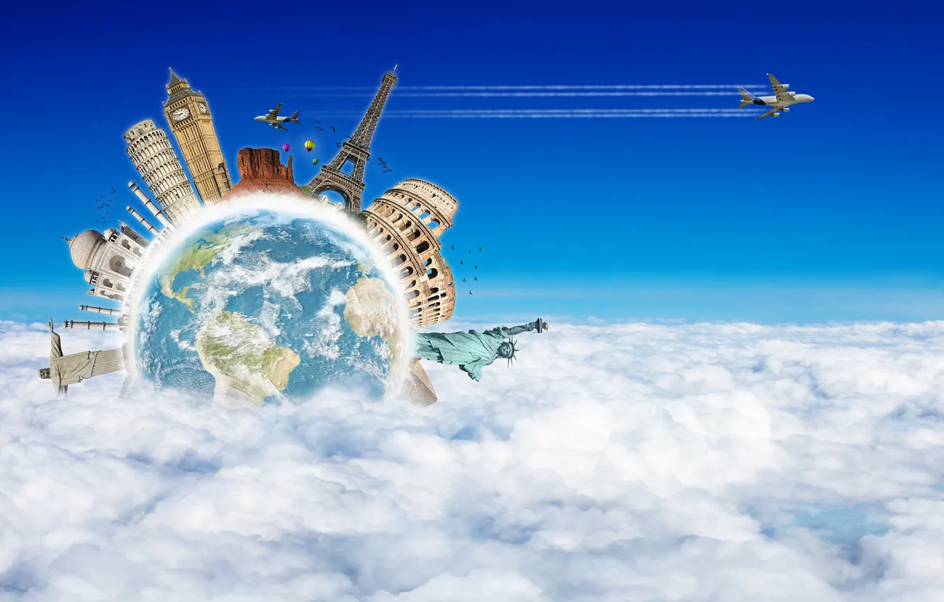 Фото обои облака, креатив, эйфелева башня, здания, планета, самолёт, колизей, статуи
