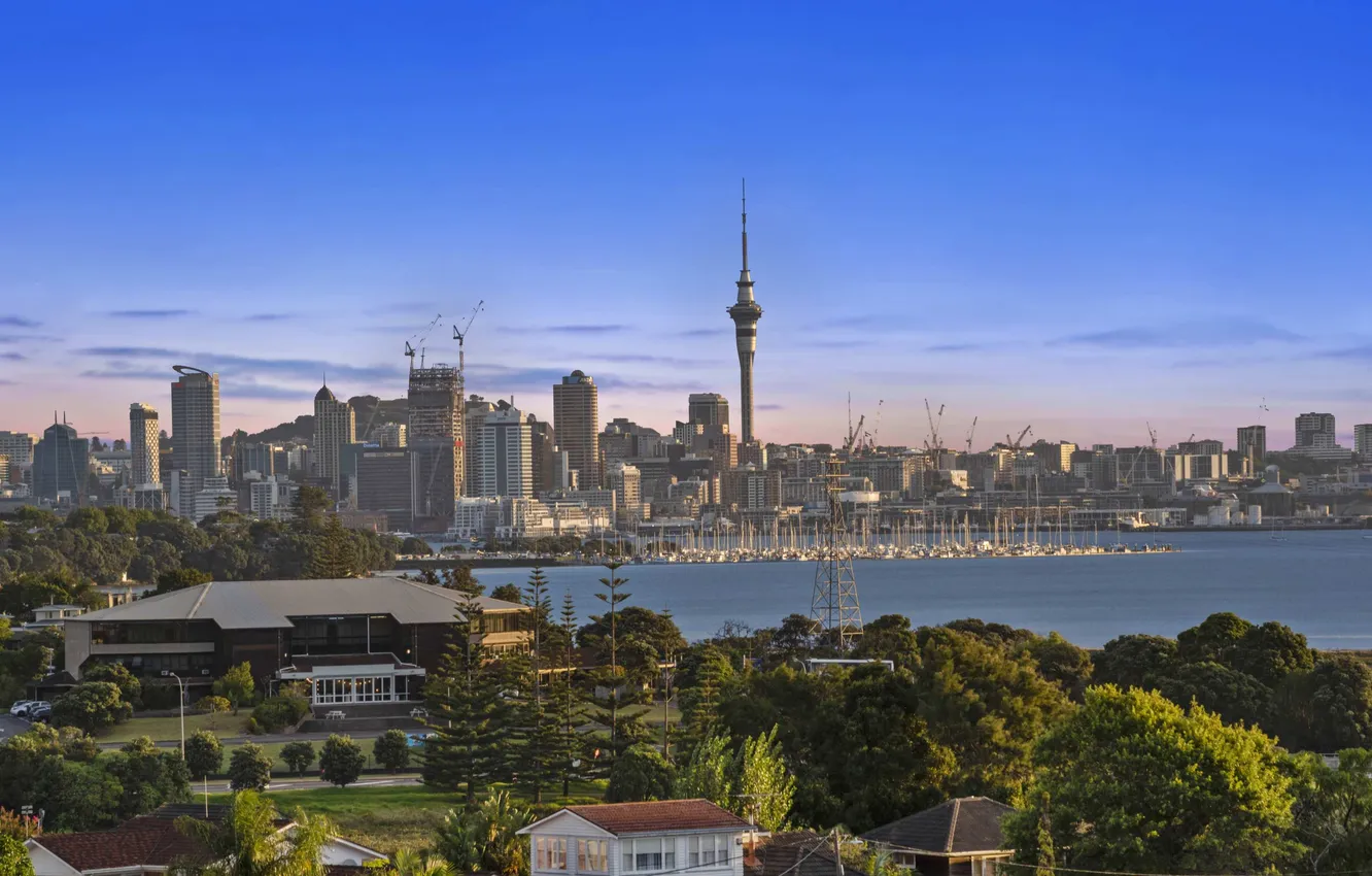 Фото обои море, город, пристань, порт, Окленд, Auckland, downtown, Оклендская Башня
