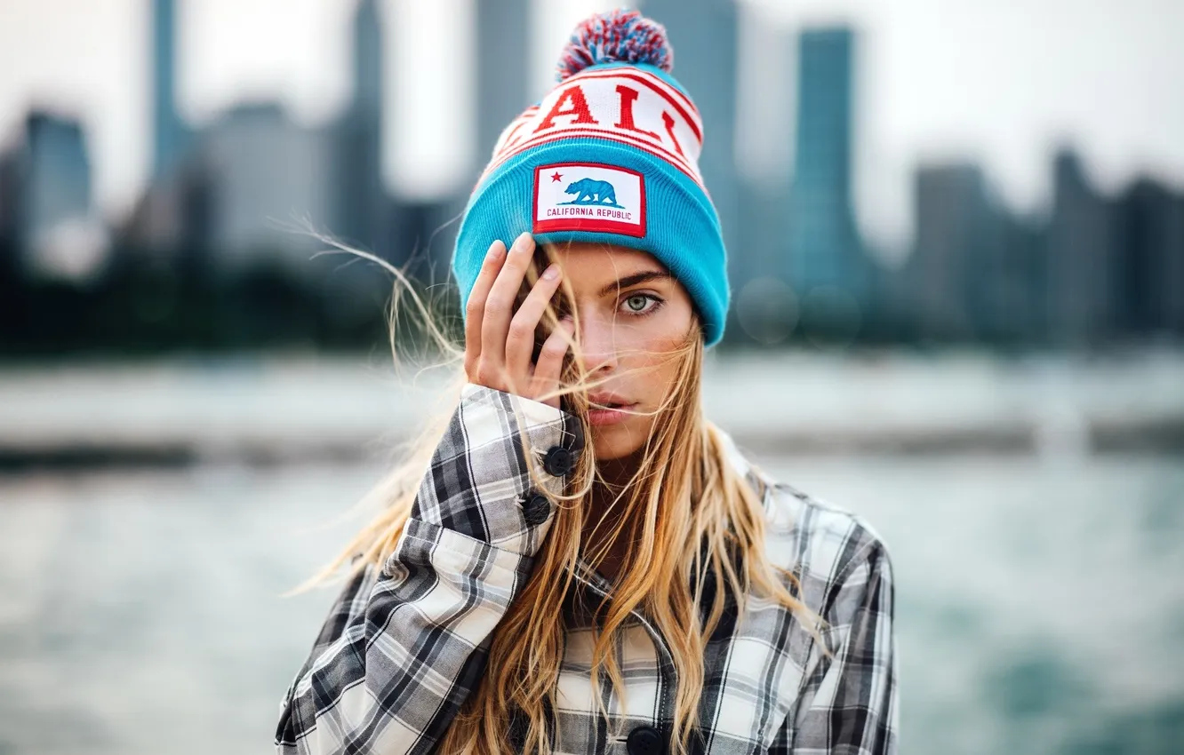 Фото обои girl, hat, photo, blue eyes, model, face, blonde, portrait