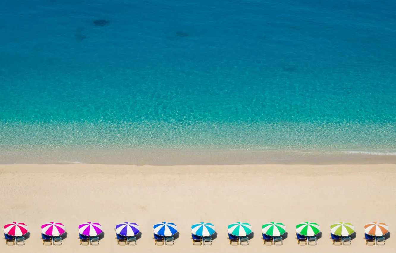 Фото обои пляж, Греция, Rainbow Umbrellas