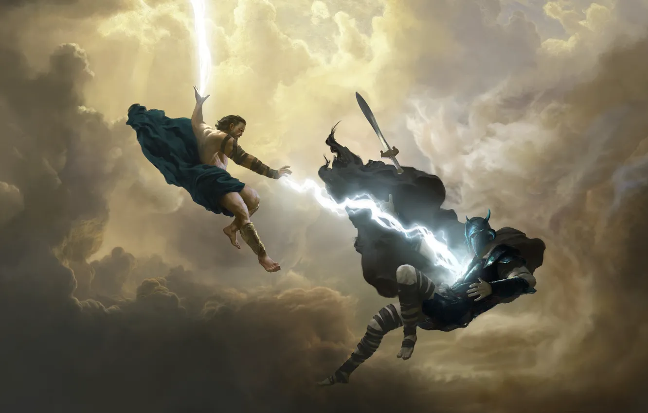Фото обои небо, мужик, меч, воин, схватка, Wonder Woman Mural Art Series