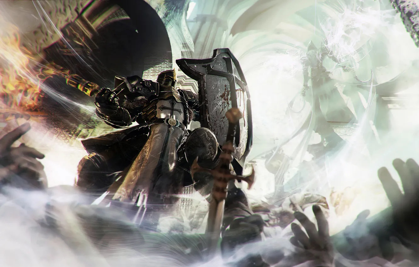 Фото обои меч, руки, броня, щит, Diablo 3, crusader, Reaper of Souls, malthael