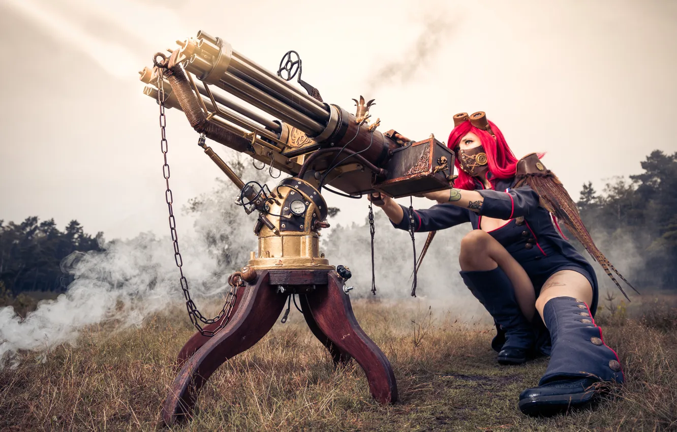 Фото обои девушка, лицо, волосы, маска, форма, Steampunk, Стимпанк, пулемет стрельба