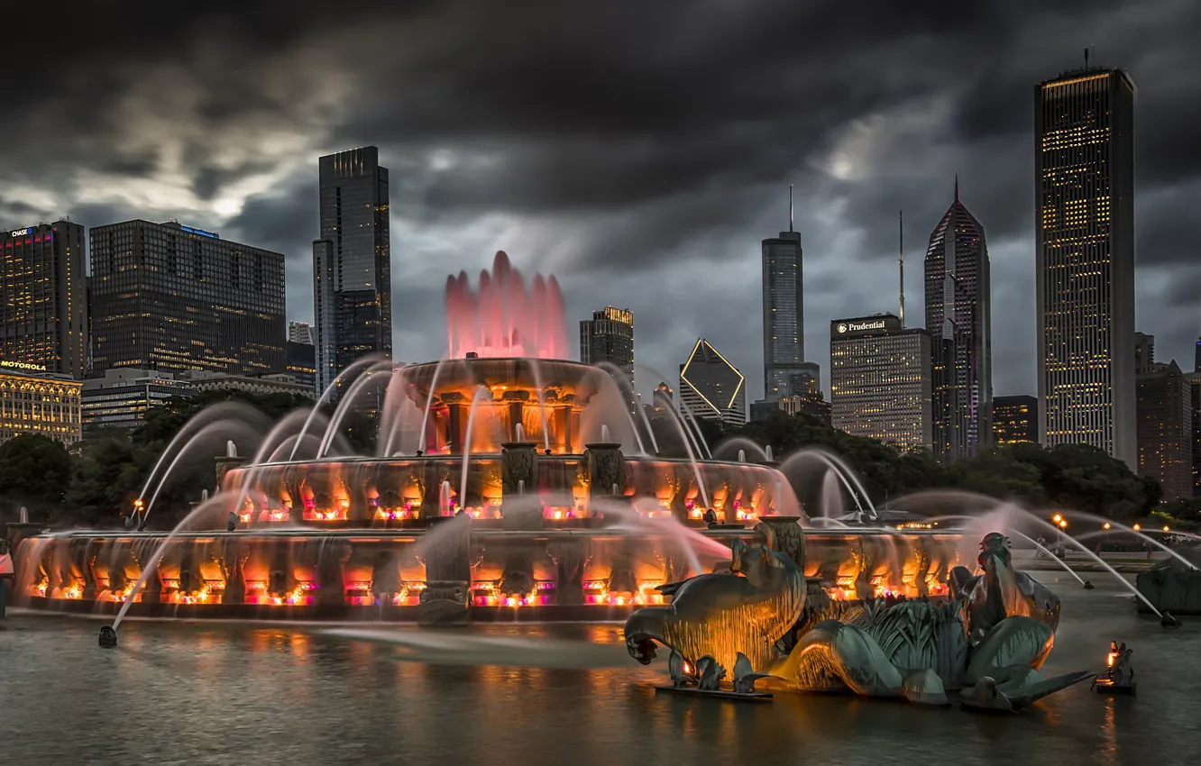 Фото обои подсветка, Чикаго, фонтан, США, Chicago, Buckingham Fountain