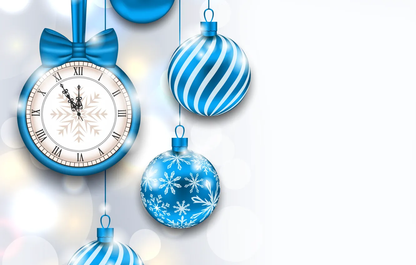 Фото обои время, блики, фон, праздник, шары, часы, новый год, рождество