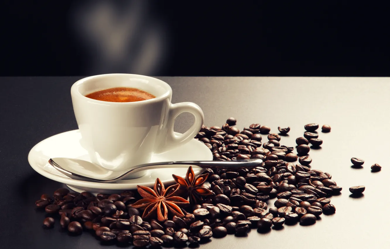 Фото обои кофе, зерна, чашка, белая, анис, пряность