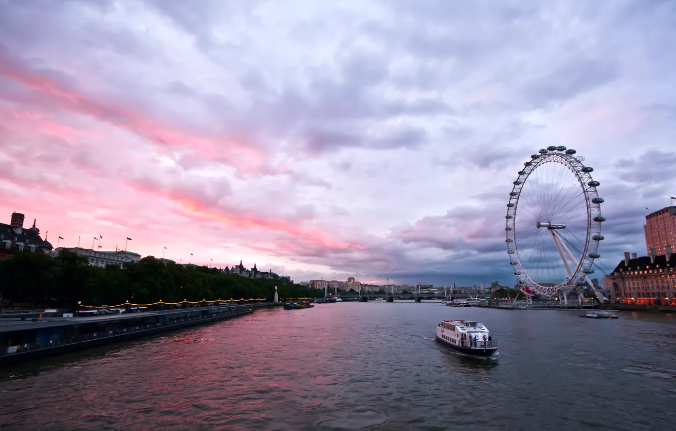 Фото обои небо, тучи, река, Англия, Лондон, здания, вечер, Великобритания