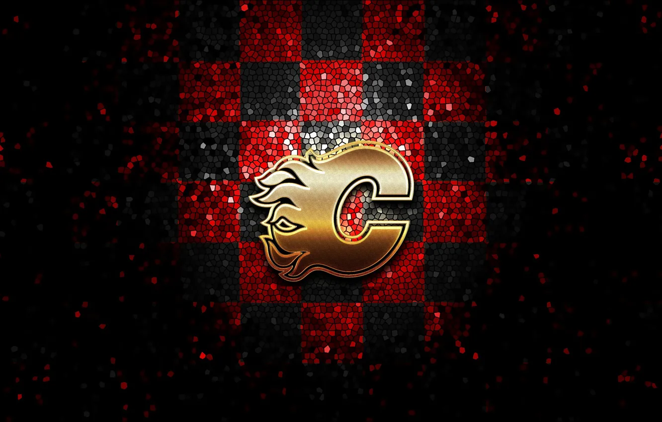 Фото обои wallpaper, sport, logo, NHL, hockey, glitter, checkered, Calgary Flames