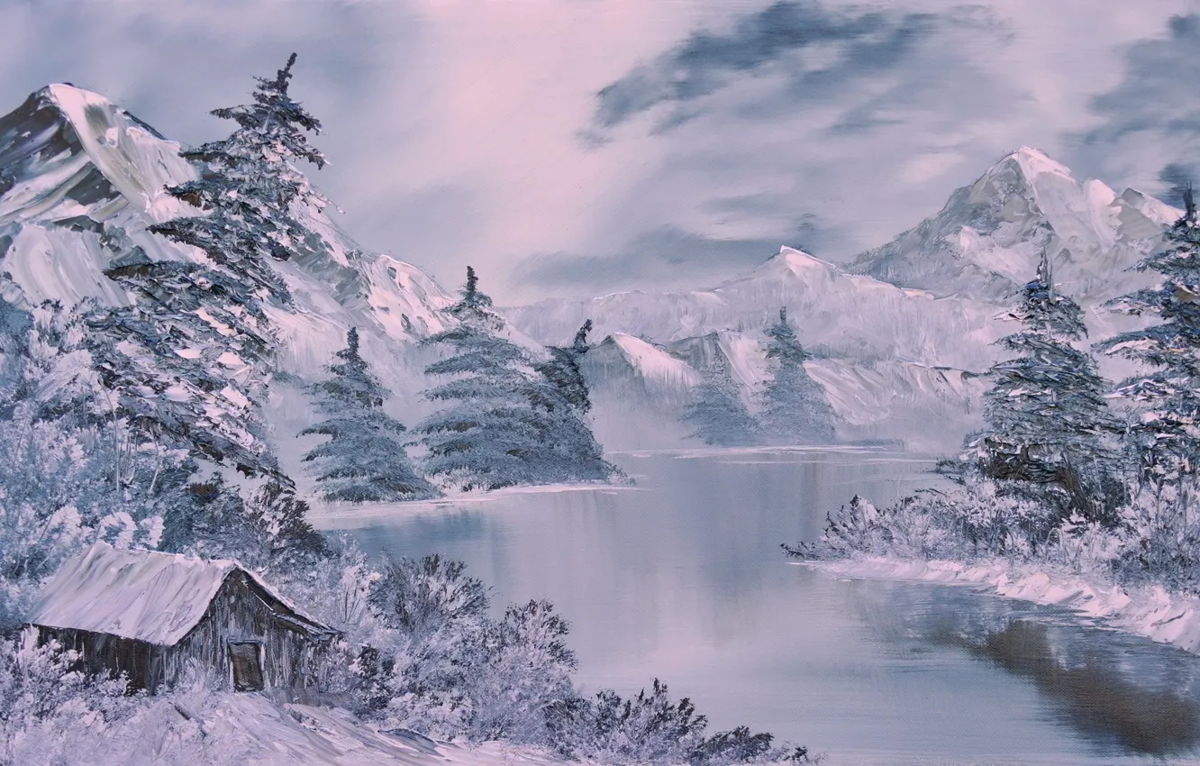 Фото обои зима, лес, снег, горы, живопись, изба