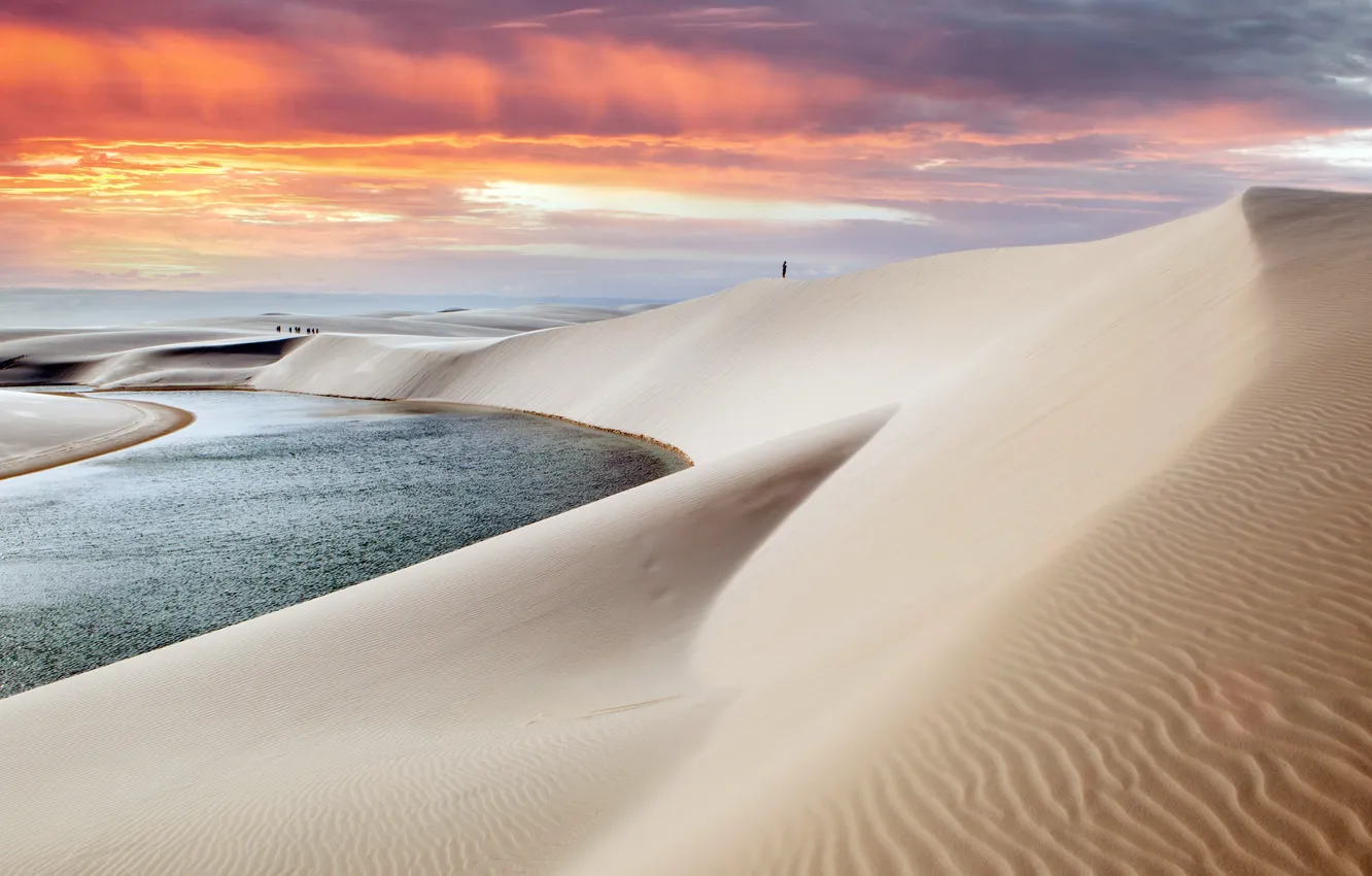 Фото обои Бразилия, Закат солнца, Sunset, Brazil, штат Мараньян, Maranhenses National Park, Национальный парк Мараньенсес, Maranhao State