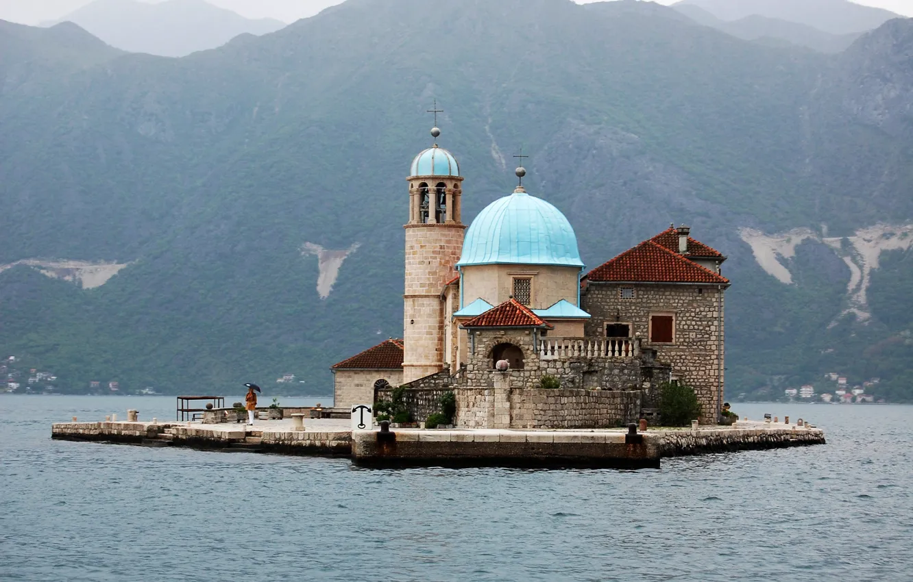 Фото обои горы, побережье, остров, собор, храм, монастырь, Черногория, Monasterio de San Jorge