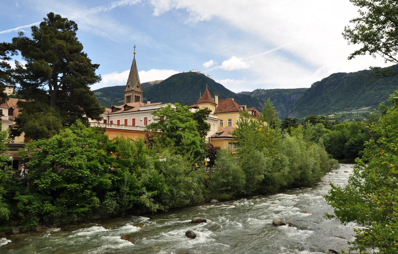 Фото обои горы, природа, город, река, Италия, архитектура, Italy, деревья.