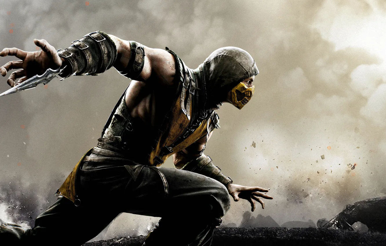 Фото обои дым, Mortal Kombat, Scorpion, осколи
