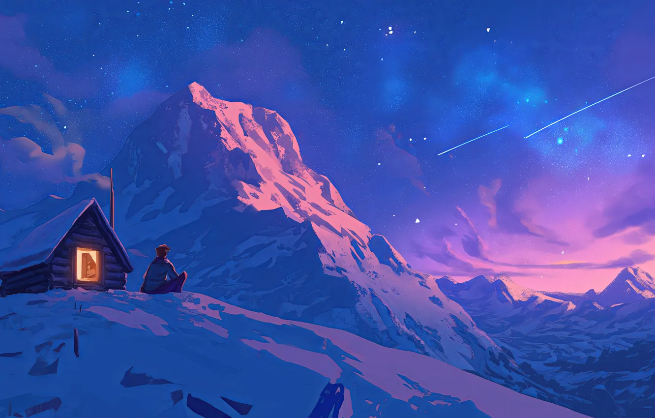 Фото обои lights, Night, winter, mountain, snow, stars, artwork, concept art