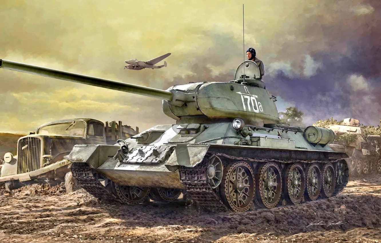 Фото обои Грузовик, бомбардировщик, Танк, Пе-2, Т-34-85, Танкист, Opel Blitz