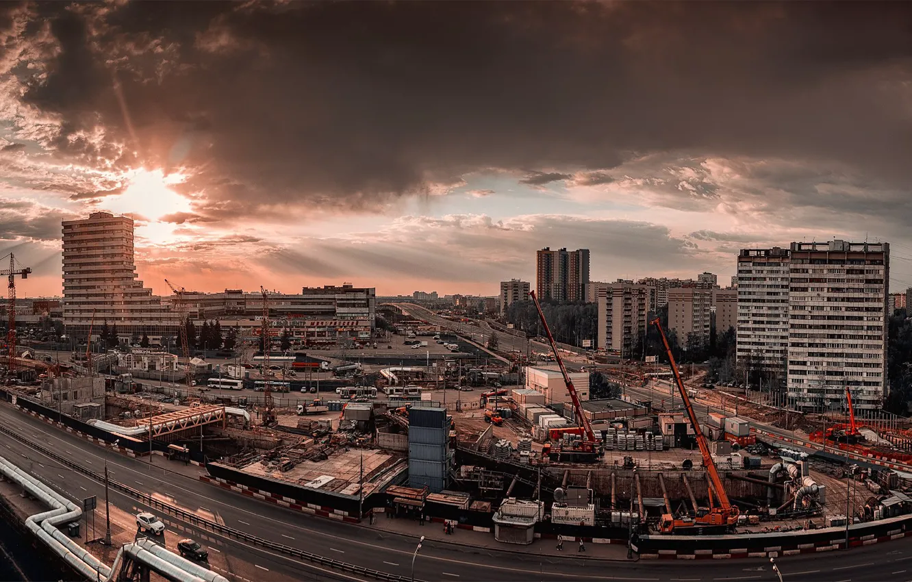 Фото обои Москва, закат солнца, строительство метро