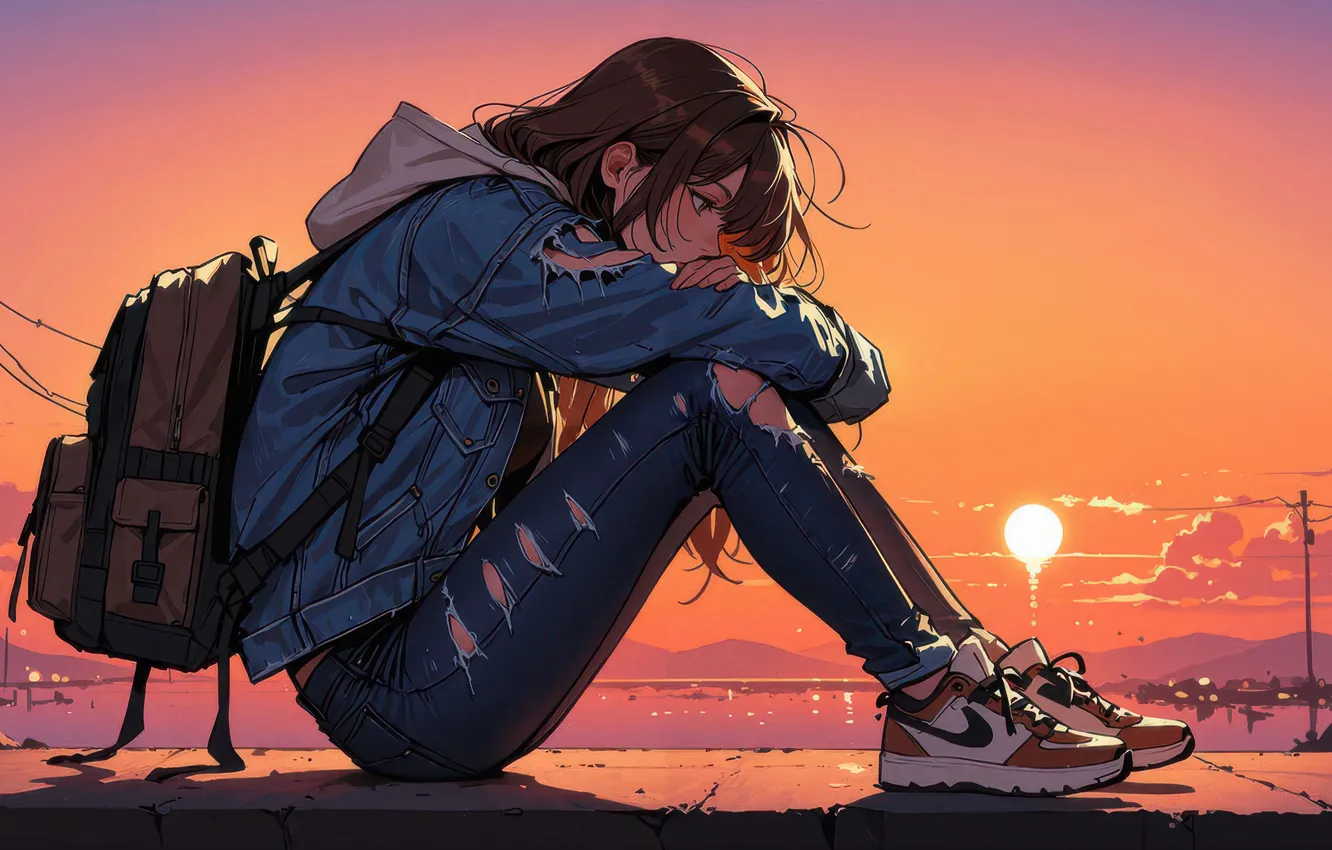 Фото обои girl, anime, school, alone, roadside, sitting