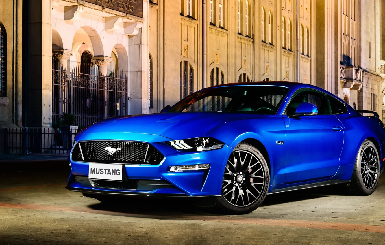 Фото обои синий, Ford, Fastback, 2018, Mustang GT