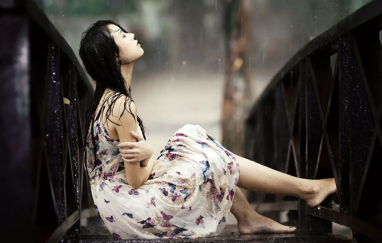 Фото обои wallpaper, girl, rain, dress, background, alone, mood, sadness