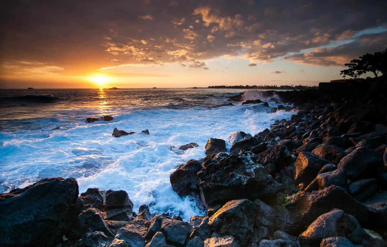 Фото обои закат, камни, океан, побережье, Гавайи, Hawaii