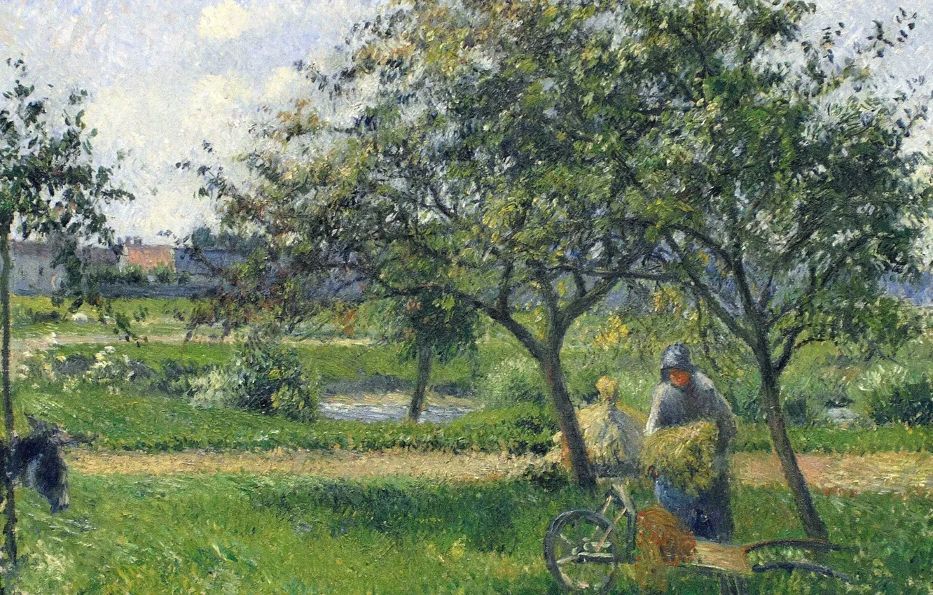 Фото обои деревья, пейзаж, картина, Камиль Писсарро, Крестьянка с Тележкой в Саду