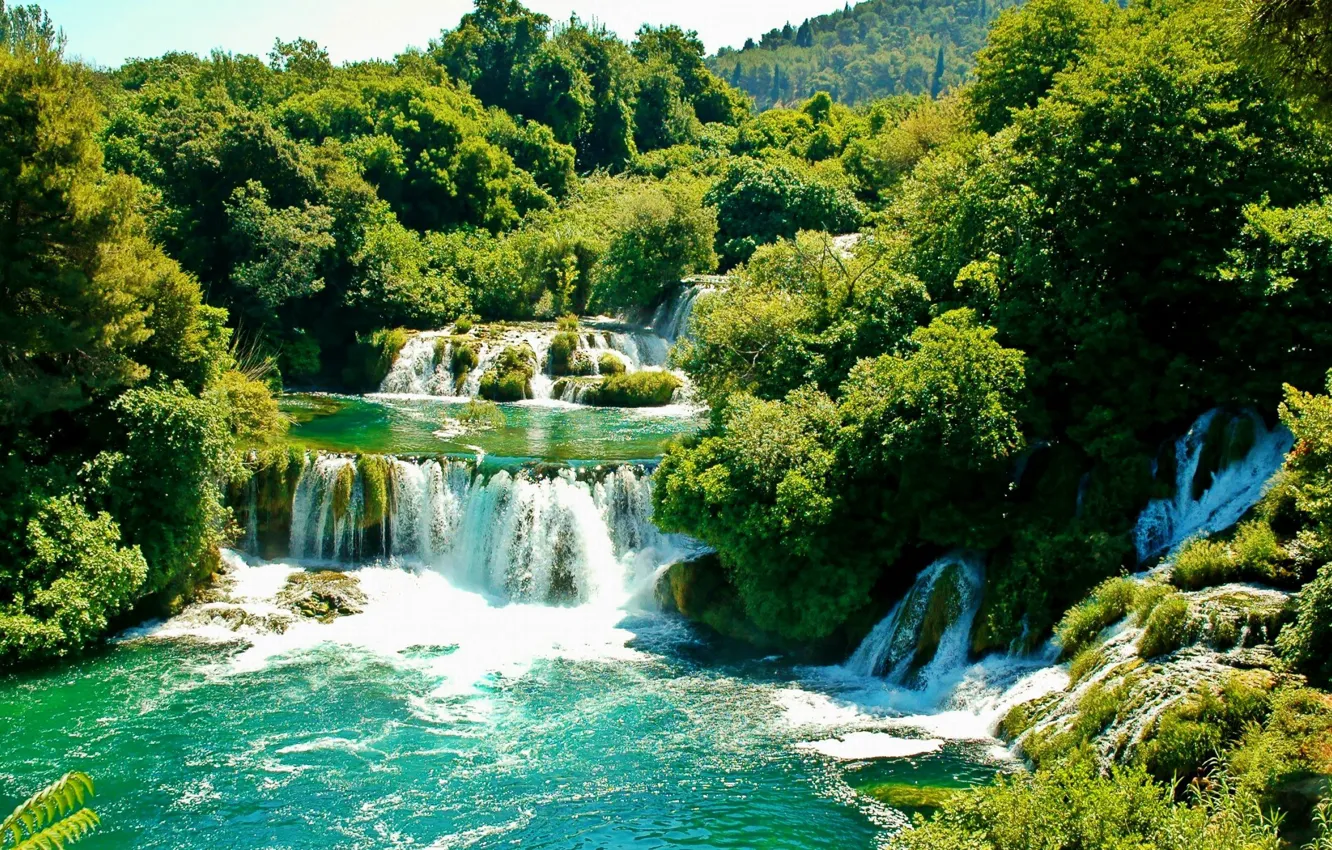 Фото обои зелень, деревья, водопад, солнечно, Хорватия, Croatia, Krka National Park