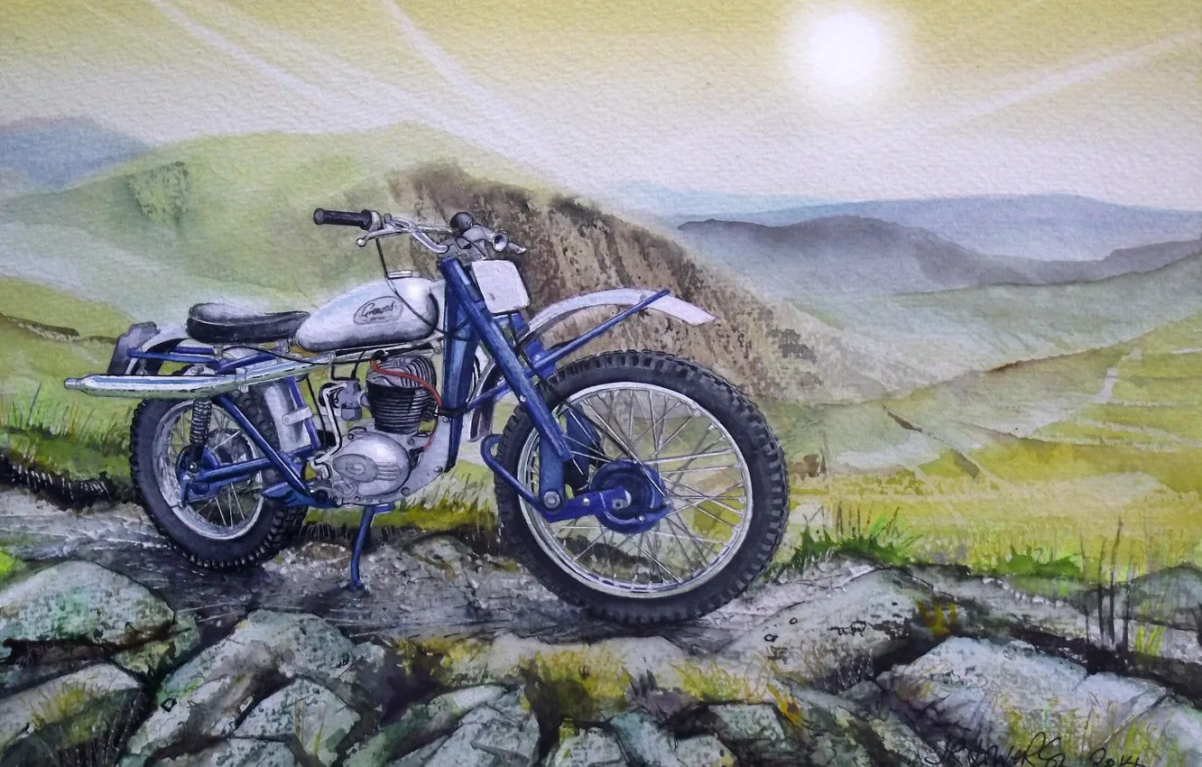Фото обои горы, рисунок, мотоцикл, живопись