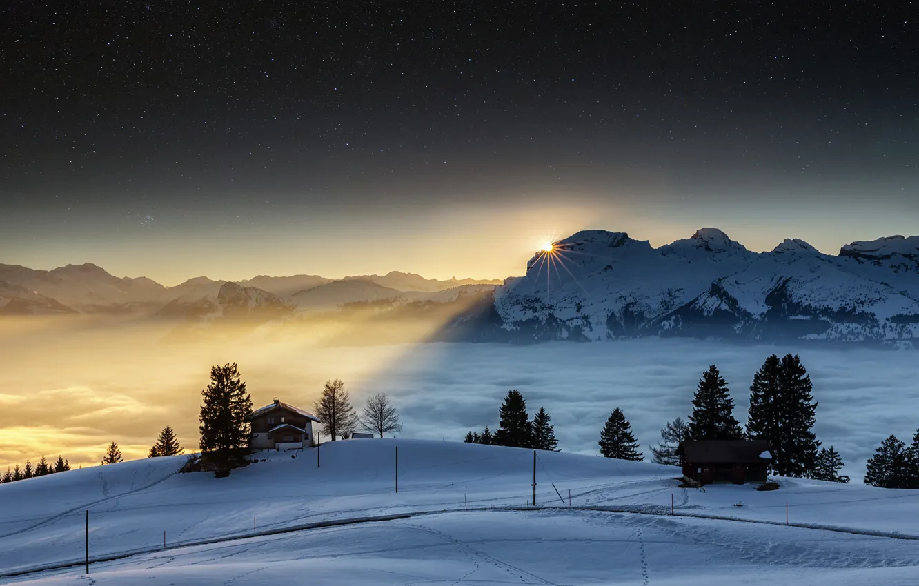 Фото обои зима, небо, солнце, звезды, снег, горы, ночь, вечер