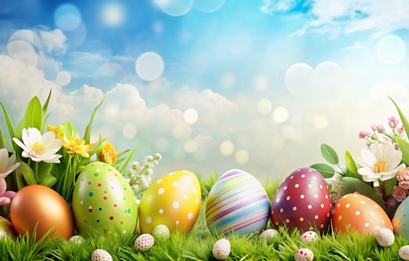 Фото обои цветы, яйца, весна, colorful, Пасха, happy, flowers, spring