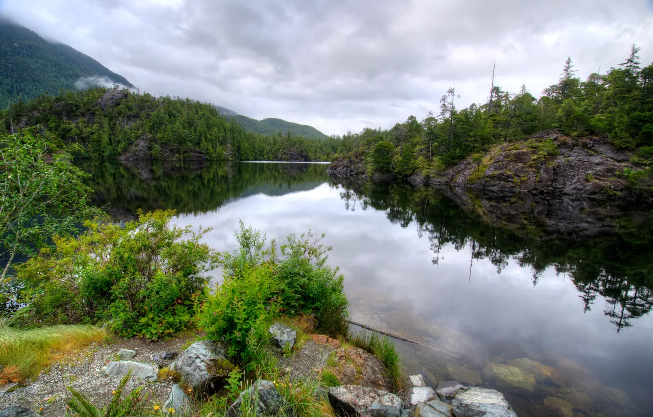 Фото обои лес, облака, деревья, горы, озеро, камни, Канада, Ванкувер
